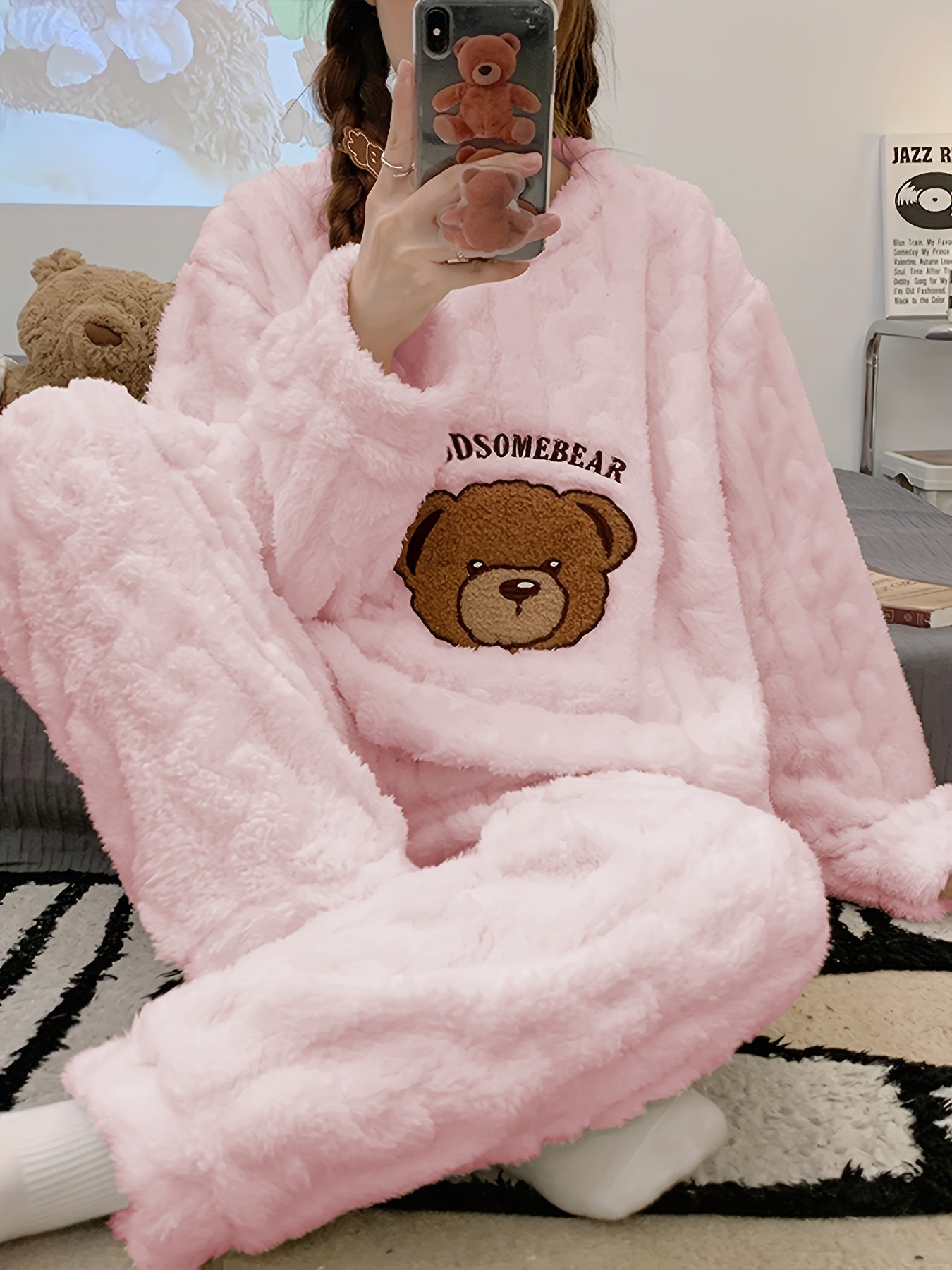 Pijama de Invierno para Mujer – Top de Osito de Peluche y Pantalón a Juego, Súper Suave y Cálido