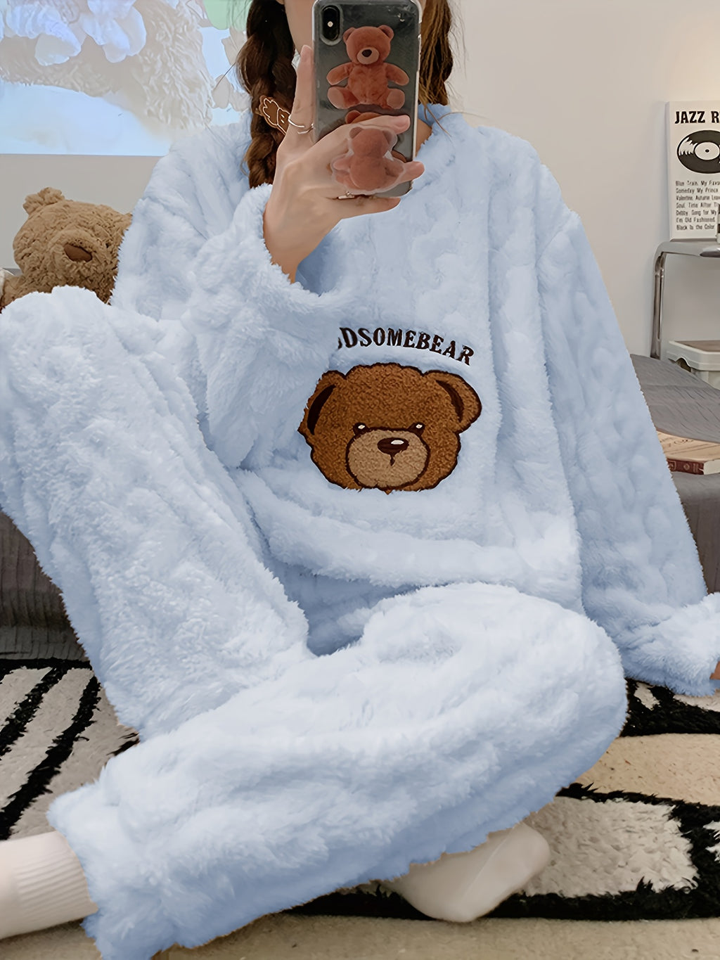 Pijama de Invierno para Mujer – Top de Osito de Peluche y Pantalón a Juego, Súper Suave y Cálido
