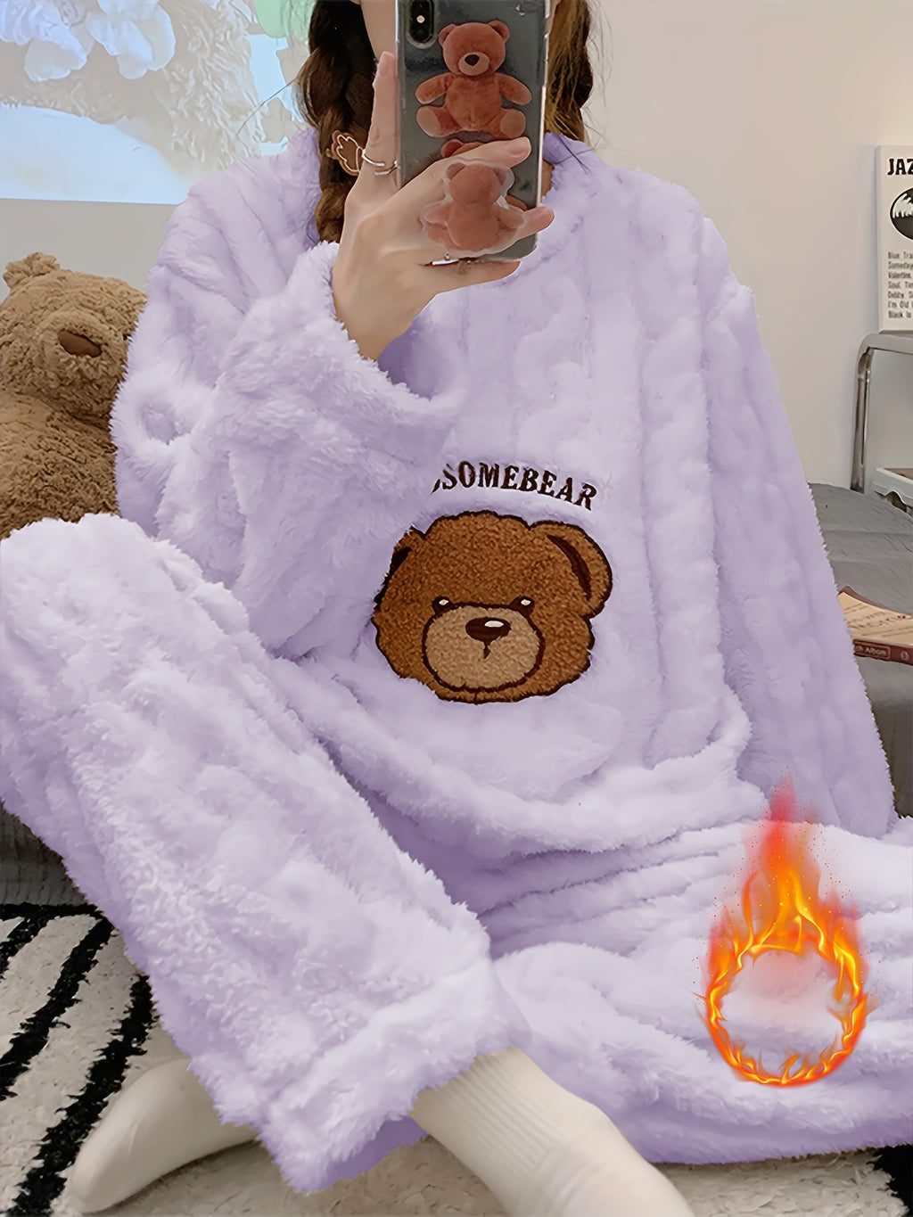 Pijama de Invierno para Mujer – Top de Osito de Peluche y Pantalón a Juego, Súper Suave y Cálido