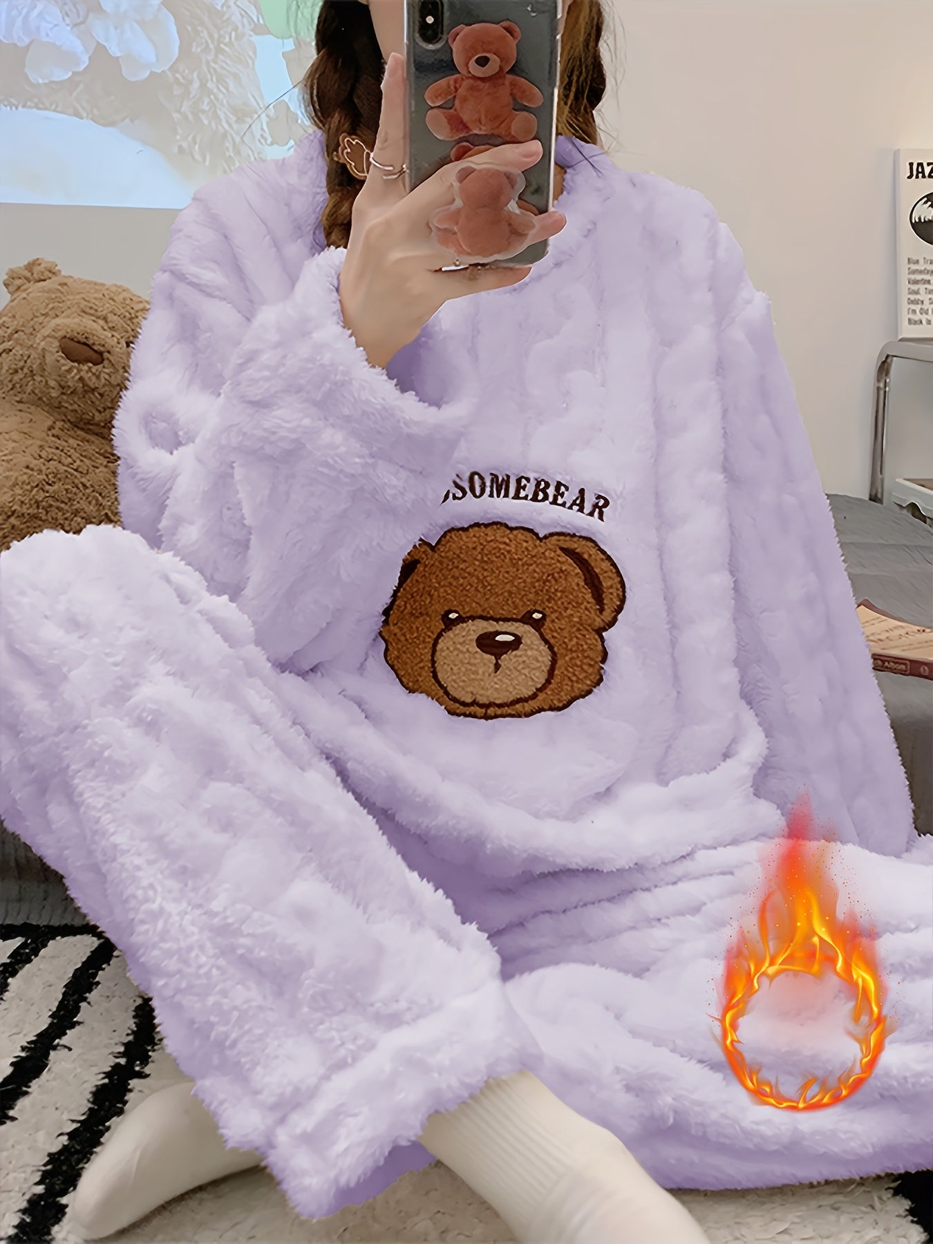 Pijama de Invierno para Mujer – Top de Osito de Peluche y Pantalón a Juego, Súper Suave y Cálido