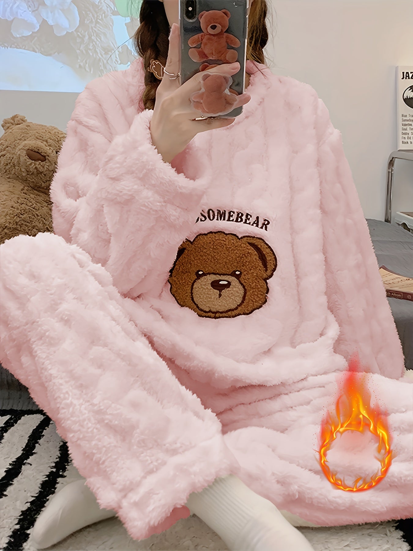 Pijama de Invierno para Mujer – Top de Osito de Peluche y Pantalón a Juego, Súper Suave y Cálido