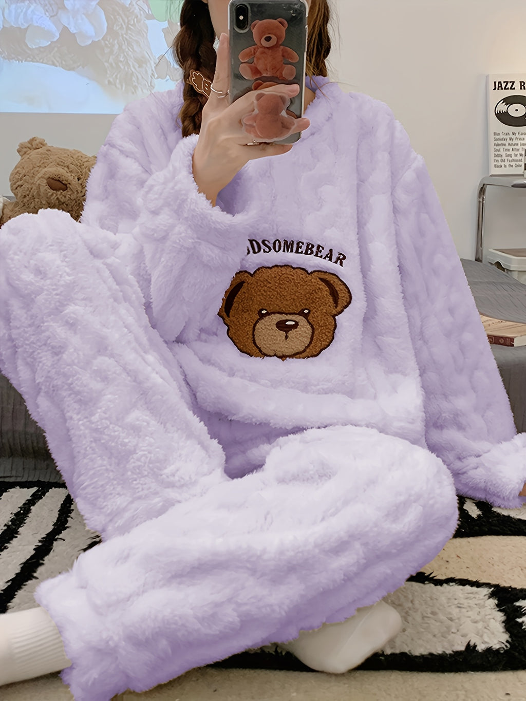 Pijama de Invierno para Mujer – Top de Osito de Peluche y Pantalón a Juego, Súper Suave y Cálido
