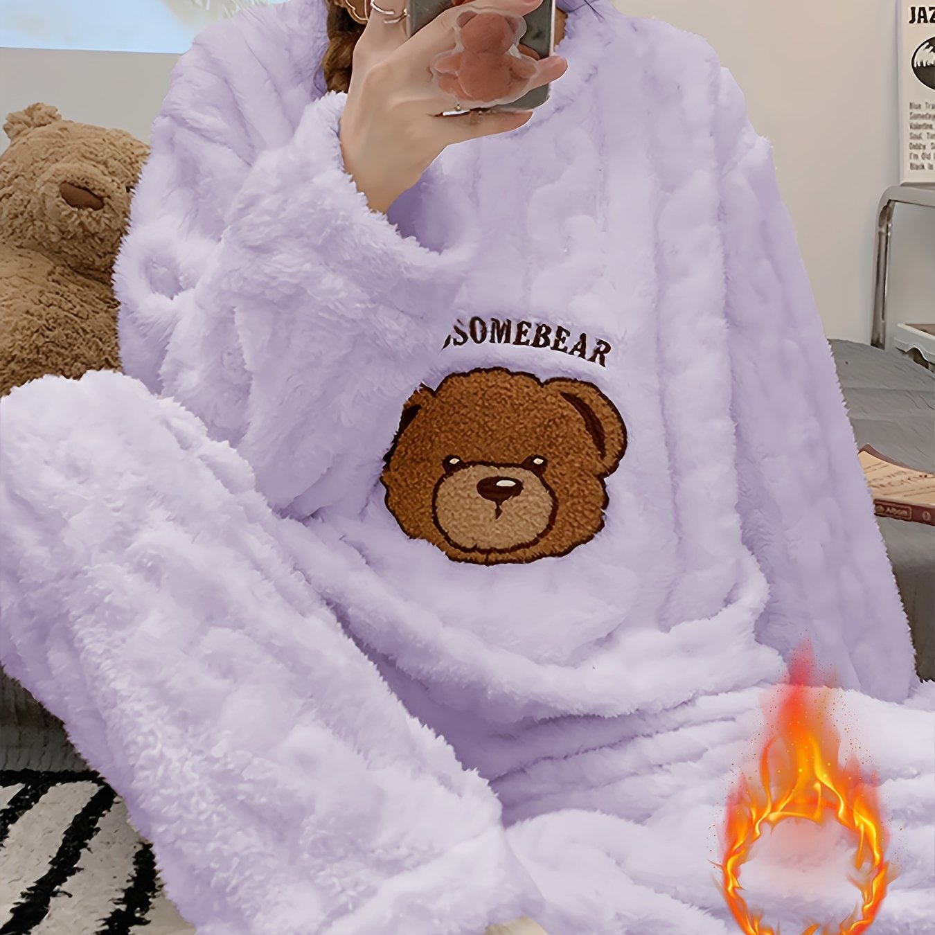 Pijama de Invierno para Mujer – Top de Osito de Peluche y Pantalón a Juego, Súper Suave y Cálido