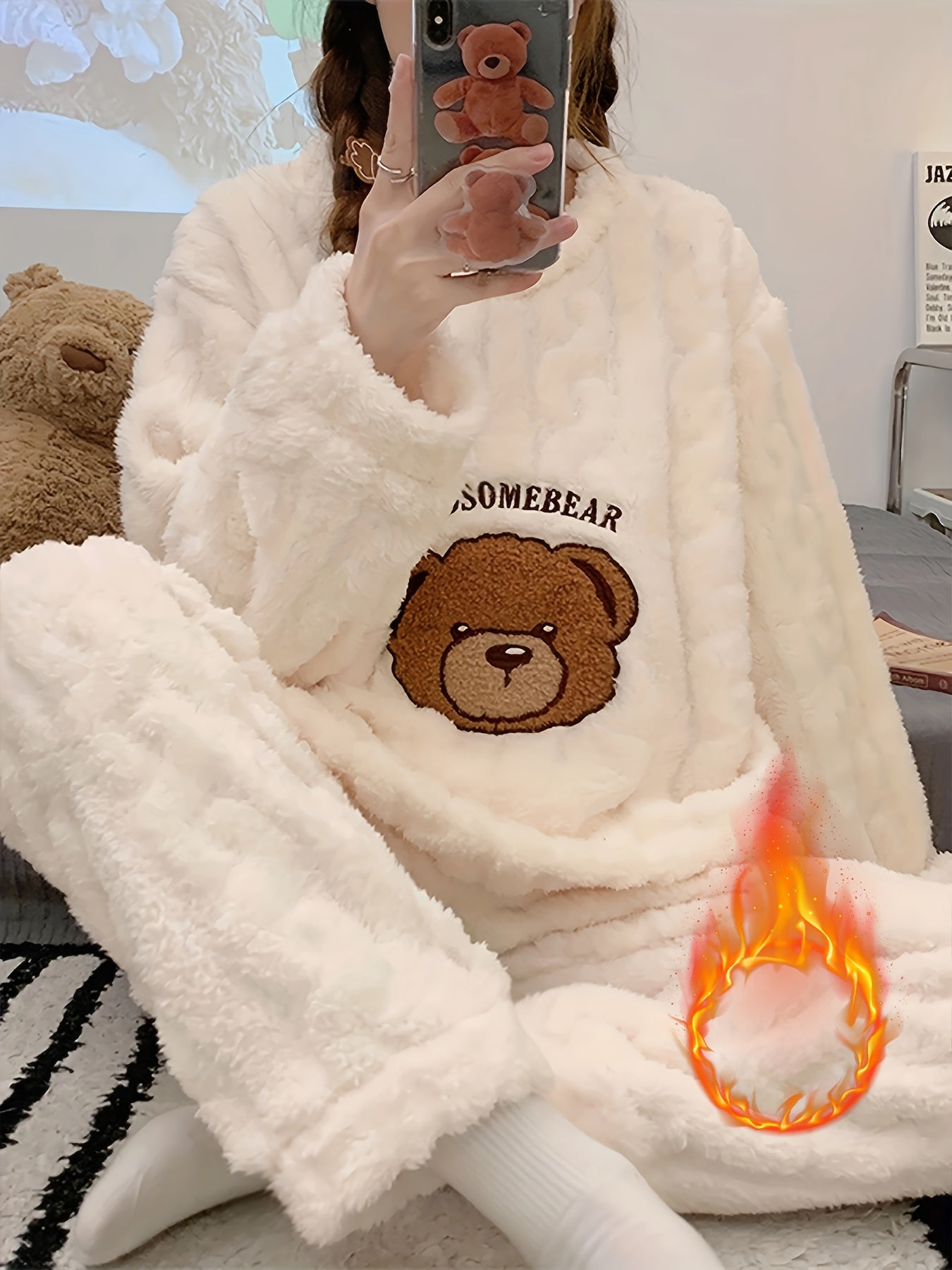 Pijama de Invierno para Mujer – Top de Osito de Peluche y Pantalón a Juego, Súper Suave y Cálido