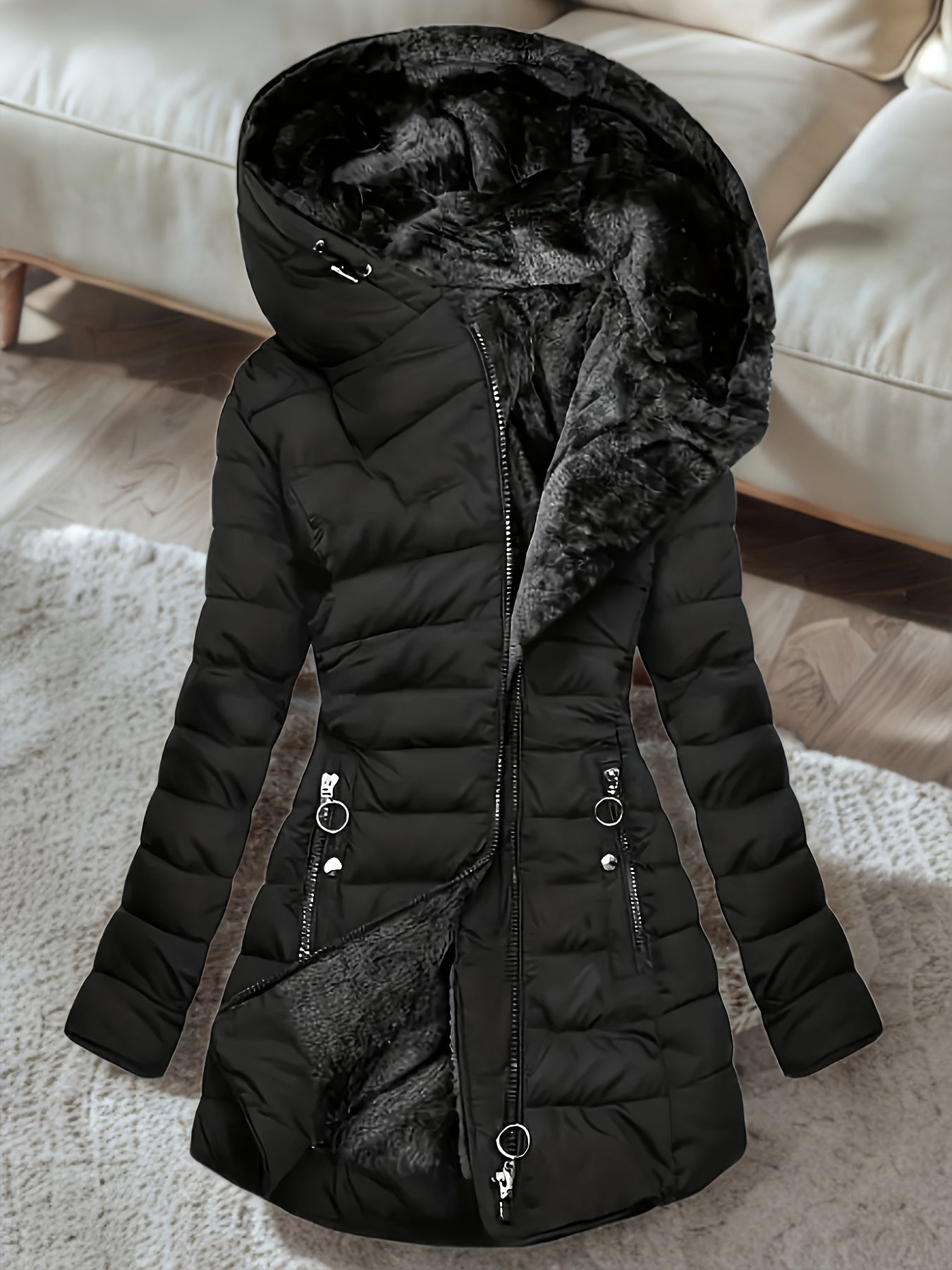 Chaqueta de Invierno con Capucha y Forro Polar – Cálida, Casual y de Largo Medio para Mujer