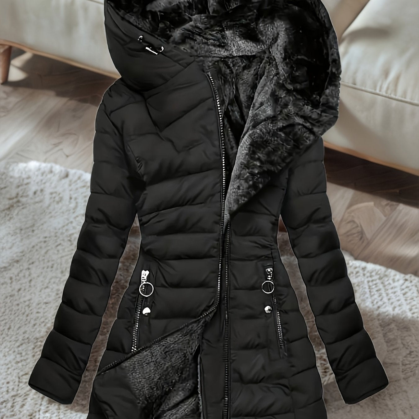 Chaqueta de Invierno con Capucha y Forro Polar – Cálida, Casual y de Largo Medio para Mujer