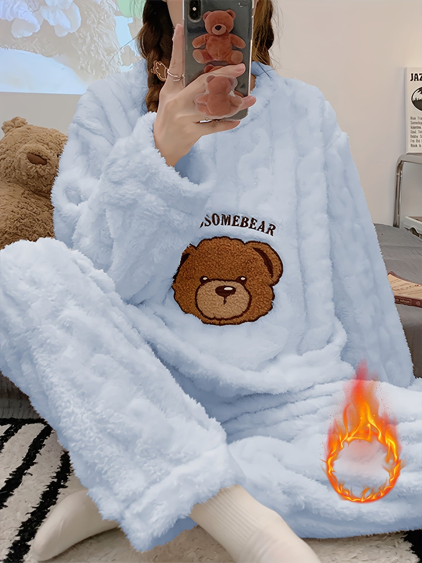 Pijama de Invierno para Mujer – Top de Osito de Peluche y Pantalón a Juego, Súper Suave y Cálido