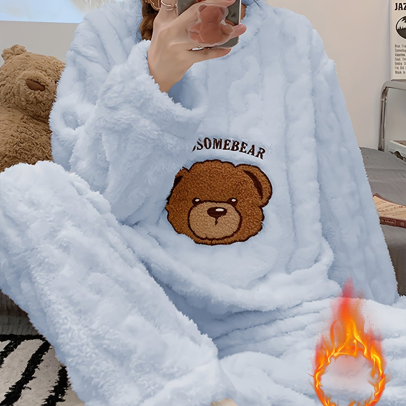 Pijama de Invierno para Mujer – Top de Osito de Peluche y Pantalón a Juego, Súper Suave y Cálido