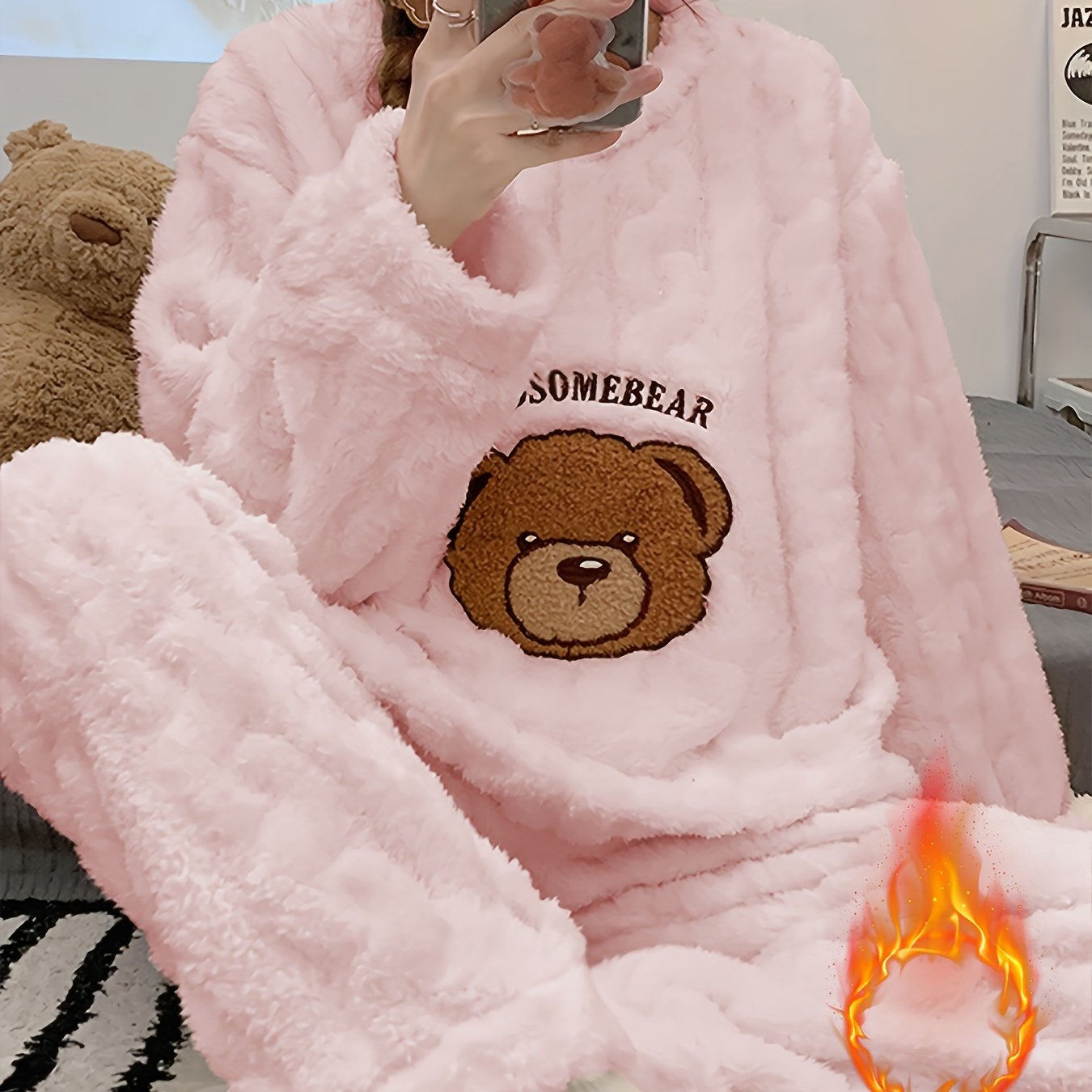 Pijama de Invierno para Mujer – Top de Osito de Peluche y Pantalón a Juego, Súper Suave y Cálido