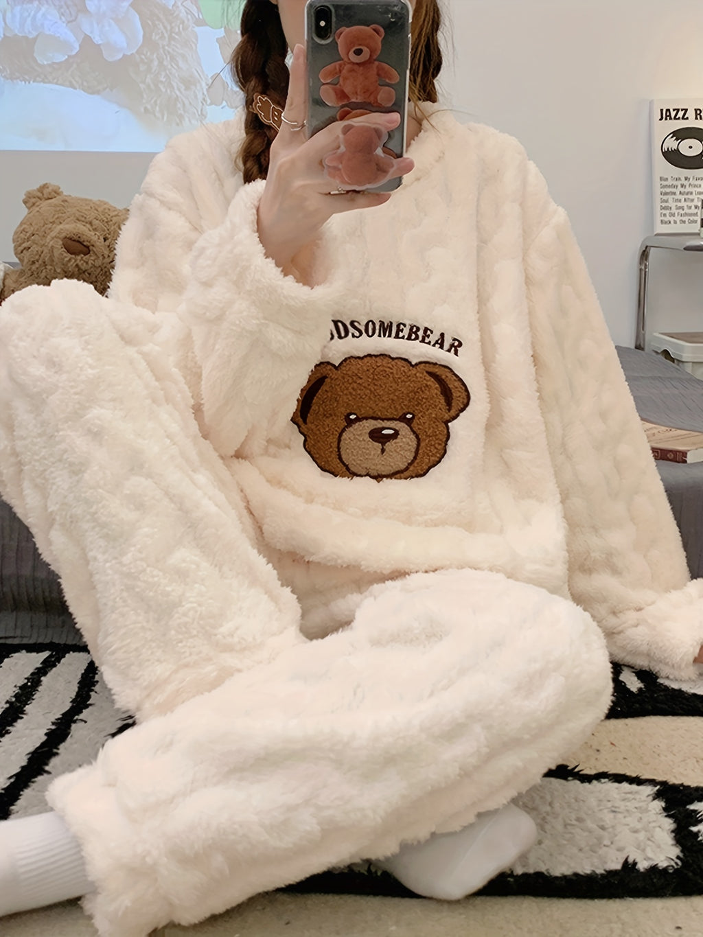 Pijama de Invierno para Mujer – Top de Osito de Peluche y Pantalón a Juego, Súper Suave y Cálido