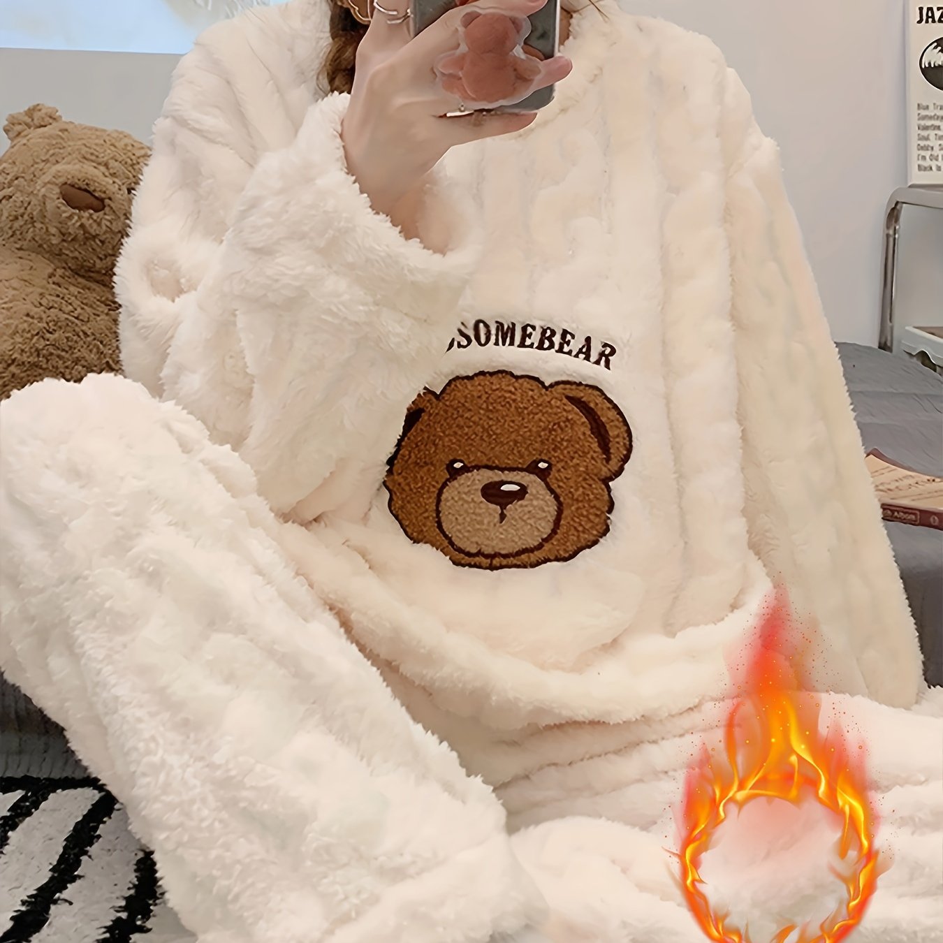 Pijama de Invierno para Mujer – Top de Osito de Peluche y Pantalón a Juego, Súper Suave y Cálido